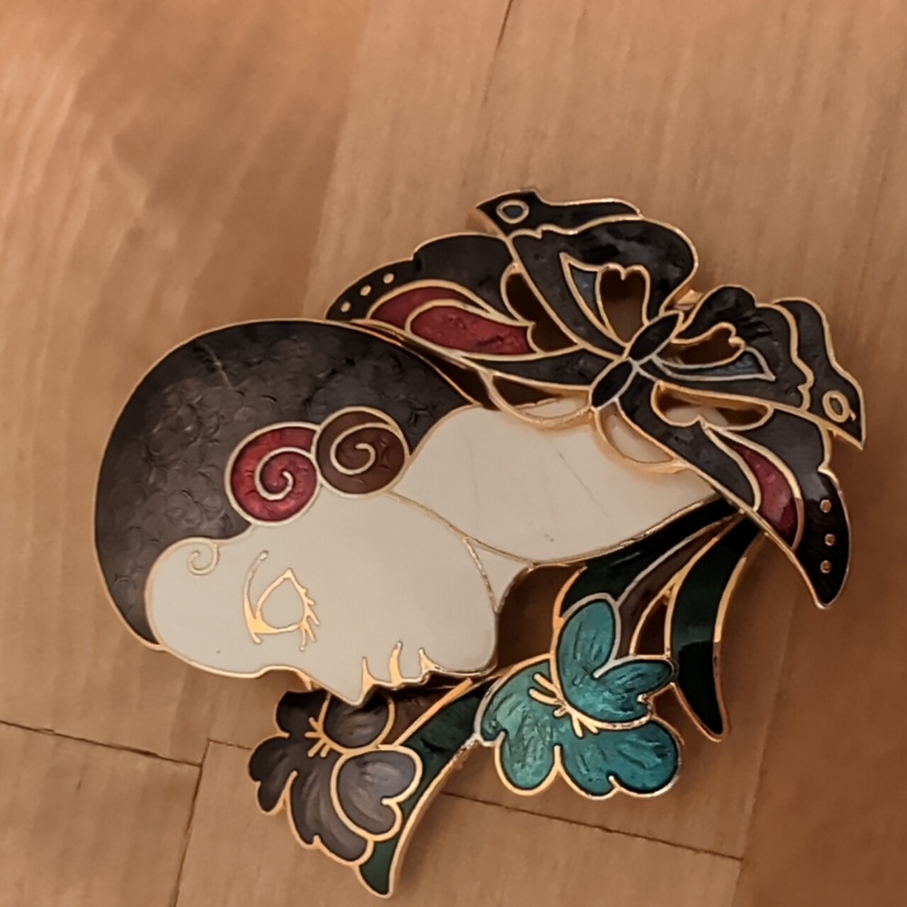 Vintage Art Deco Lady with Butterfly Brooch Cloisonne
